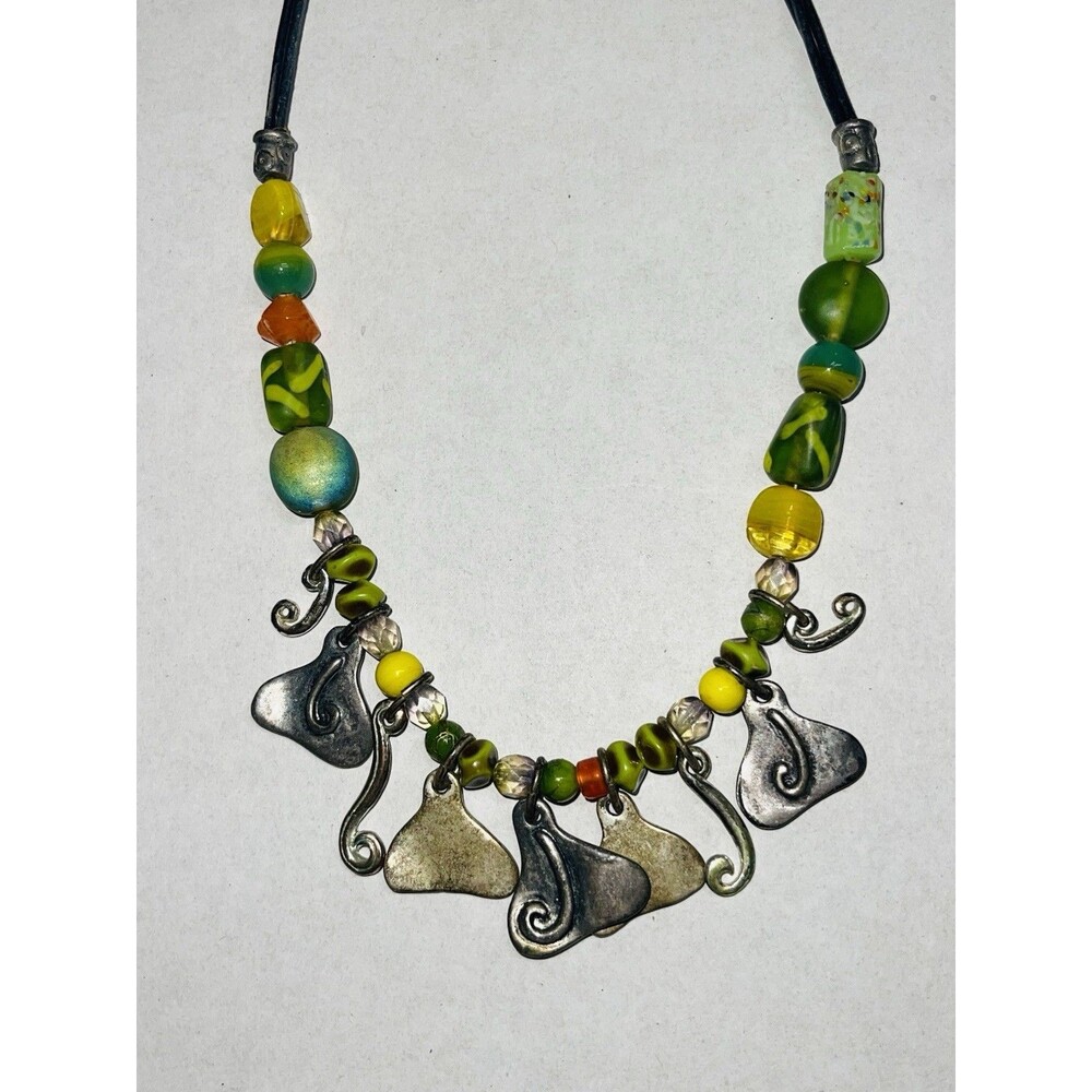 Chico’s Boho Choker Cord Silver Tone Glass Bead Necklace 20” With Extension